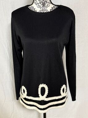 Donna M Neiman Marcus Black Knit Sweater with Ivory Crochet Trim-Hem Detail USA